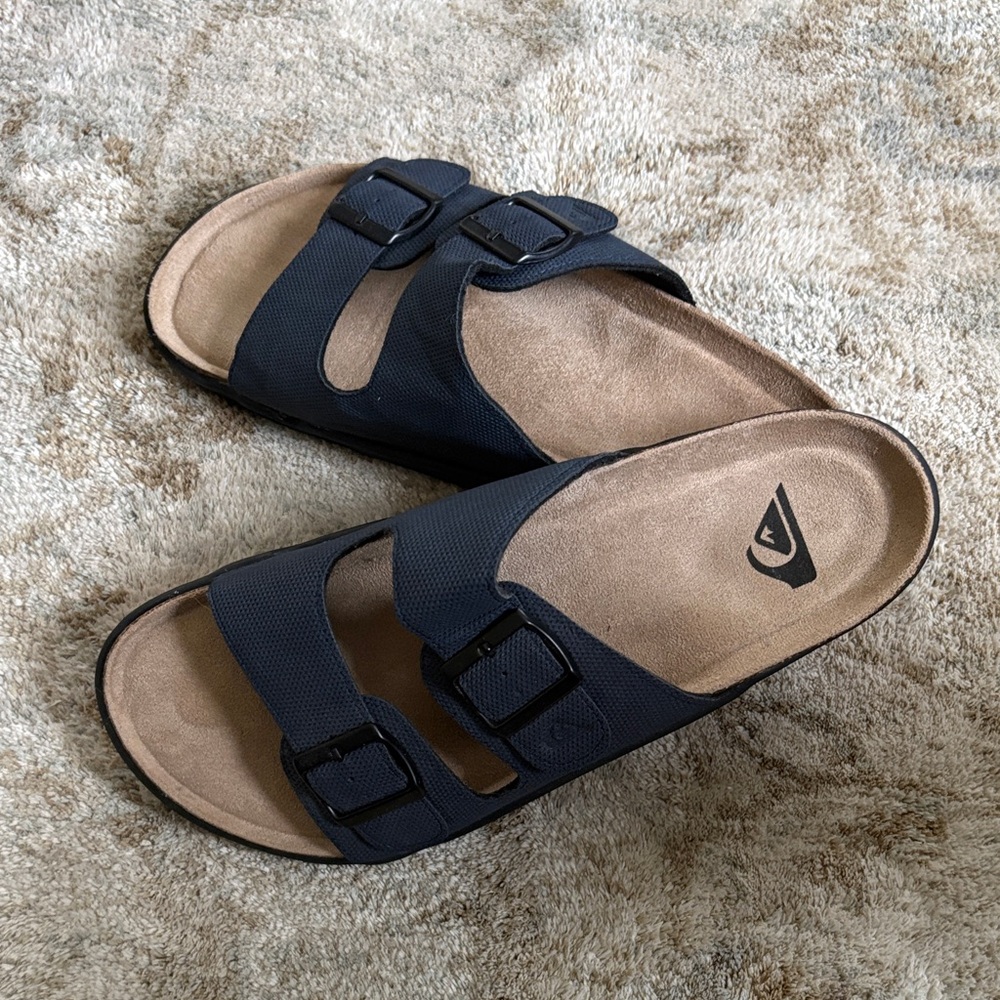 Quiksilver Embark deck slides. Double Buckle Slide Sandals in Navy and Tan - Picture 3 of 4